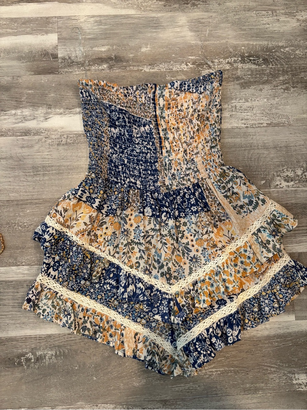 Strapless Floral Smocked Romper in Navy & Mustard brand new condition